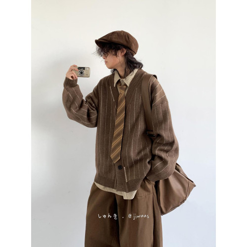 秋冬中性美拉德條紋開衫加厚毛衣男女學院風復古V領保暖針織外套