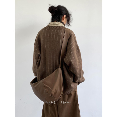 秋冬中性美拉德條紋開衫加厚毛衣男女學院風復古V領保暖針織外套