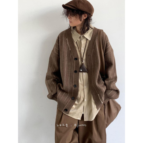 秋冬中性美拉德條紋開衫加厚毛衣男女學院風復古V領保暖針織外套