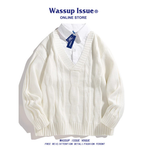 WASSUP ISSUE假兩件毛衣男款秋冬季寬松2025新款情侶針織衫外套男