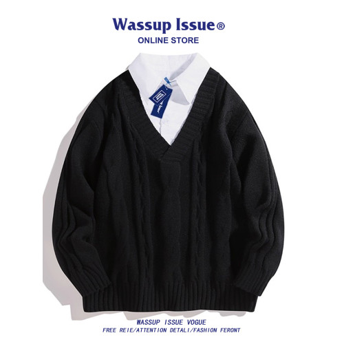 WASSUP ISSUE假兩件毛衣男款秋冬季寬松2025新款情侶針織衫外套男