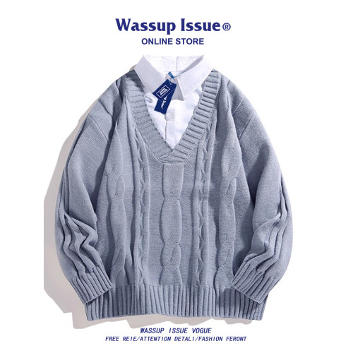 WASSUP ISSUE假兩件毛衣男款秋冬季寬松2025新款情侶針織衫外套男