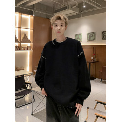 黑色圓領毛衣男秋冬季vibe美式復古寬松休閒百搭情侶款套頭針織衫