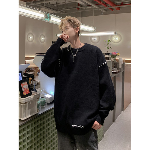 黑色圓領毛衣男秋冬季vibe美式復古寬松休閒百搭情侶款套頭針織衫 黑色圓領毛衣男秋冬季vibe美式復古寬松休閒百搭情侶款套頭針織衫