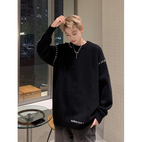 黑色圓領毛衣男秋冬季vibe美式復古寬松休閒百搭情侶款套頭針織衫 黑色圓領毛衣男秋冬季vibe美式復古寬松休閒百搭情侶款套頭針織衫
