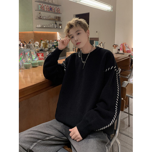 黑色圓領毛衣男秋冬季vibe美式復古寬松休閒百搭情侶款套頭針織衫 黑色圓領毛衣男秋冬季vibe美式復古寬松休閒百搭情侶款套頭針織衫