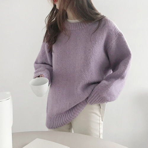 韓版溫柔香芋奶紫色毛衣女秋冬內搭圓領套頭針織衫保暖軟糯上衣厚