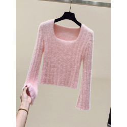 秋裝慵懶風方領仿水貂毛短款毛衣打底針織設計感小衆上衣辣妹上衣