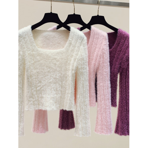 秋裝慵懶風方領仿水貂毛短款毛衣打底針織設計感小衆上衣辣妹上衣