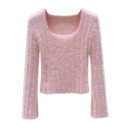 秋裝慵懶風方領仿水貂毛短款毛衣打底針織設計感小衆上衣辣妹上衣