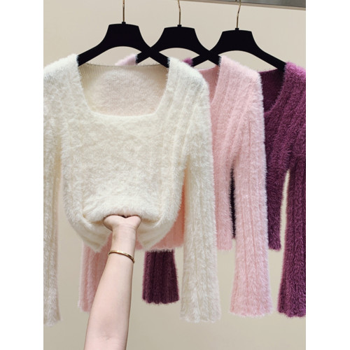 秋裝慵懶風方領仿水貂毛短款毛衣打底針織設計感小衆上衣辣妹上衣