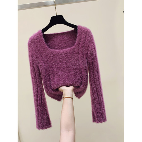 秋裝慵懶風方領仿水貂毛短款毛衣打底針織設計感小衆上衣辣妹上衣