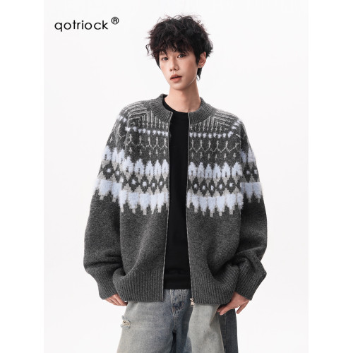 費爾島提花撞色開衫毛衣男女秋季潮牌百搭寬松慵懶感情侶針織外套