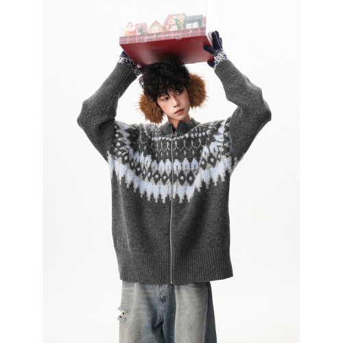 費爾島提花撞色開衫毛衣男女秋季潮牌百搭寬松慵懶感情侶針織外套