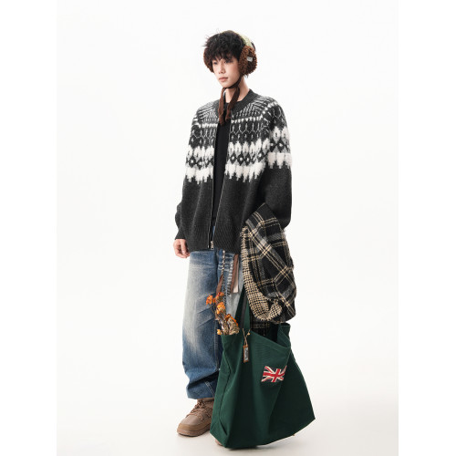 費爾島提花撞色開衫毛衣男女秋季潮牌百搭寬松慵懶感情侶針織外套