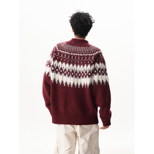 費爾島提花撞色開衫毛衣男女秋季潮牌百搭寬松慵懶感情侶針織外套