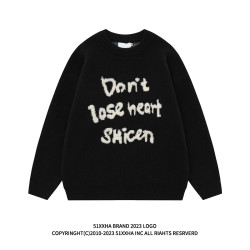 51嘻哈潮牌簡約字母植絨黑色圓領毛衣男秋冬oversize慵懶風針織衫