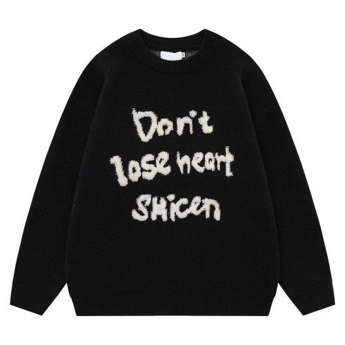 51嘻哈潮牌簡約字母植絨黑色圓領毛衣男秋冬oversize慵懶風針織衫