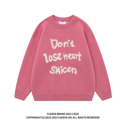 51嘻哈潮牌簡約字母植絨黑色圓領毛衣男秋冬oversize慵懶風針織衫