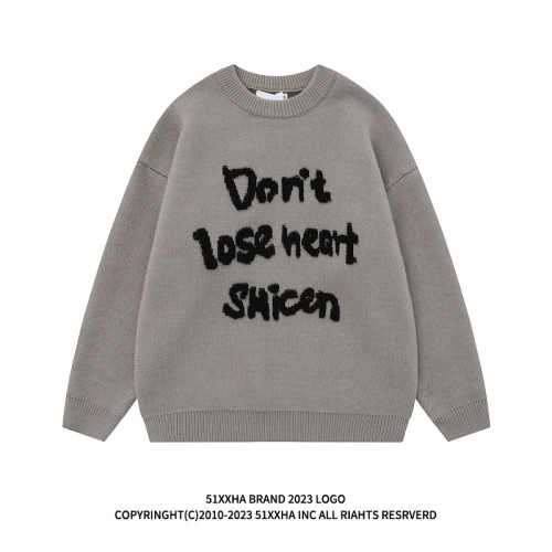 51嘻哈潮牌簡約字母植絨黑色圓領毛衣男秋冬oversize慵懶風針織衫