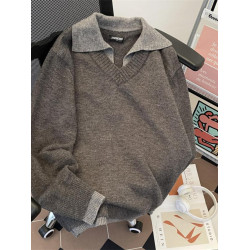 美式復古假兩件v領毛衣男款冬季翻領老錢風針織衫情侶慵懶風外套