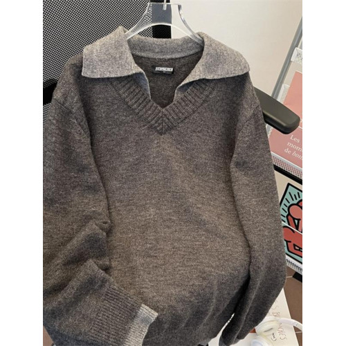 美式復古假兩件v領毛衣男款冬季翻領老錢風針織衫情侶慵懶風外套