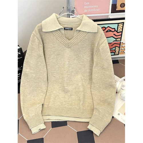 美式復古假兩件v領毛衣男款冬季翻領老錢風針織衫情侶慵懶風外套