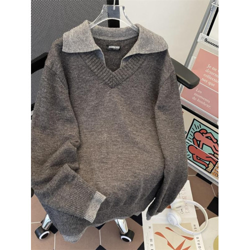 美式復古假兩件v領毛衣男款冬季翻領老錢風針織衫情侶慵懶風外套