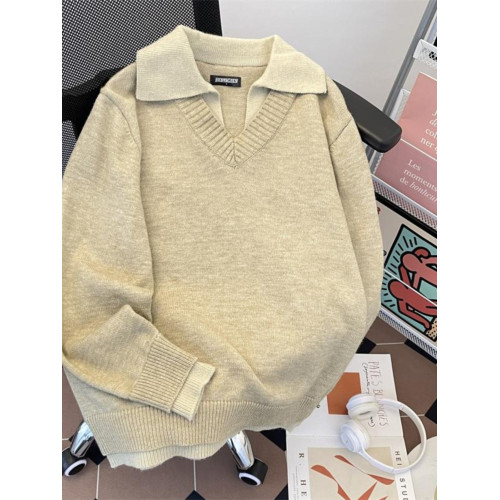 美式復古假兩件v領毛衣男款冬季翻領老錢風針織衫情侶慵懶風外套