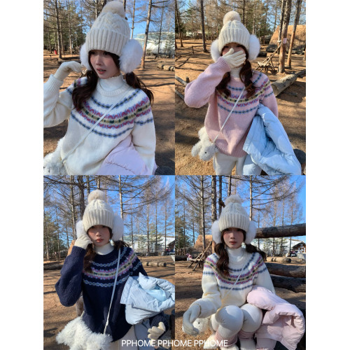 PPHOME自製~超美配色 復古費爾島撞色提花針織衫毛衣軟糯長袖上衣