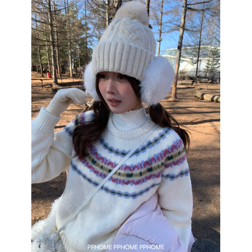 PPHOME自製~超美配色 復古費爾島撞色提花針織衫毛衣軟糯長袖上衣