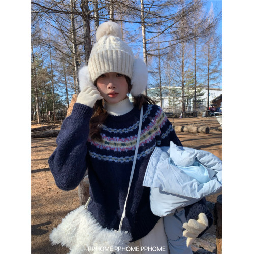 PPHOME自製~超美配色 復古費爾島撞色提花針織衫毛衣軟糯長袖上衣