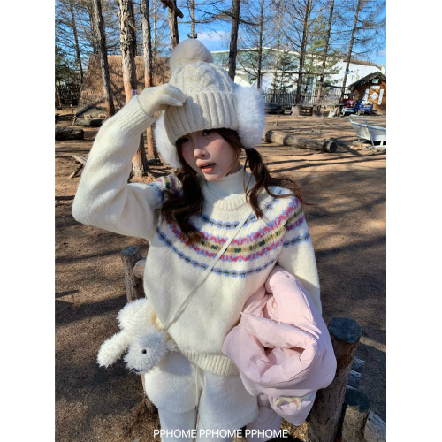 PPHOME自製~超美配色 復古費爾島撞色提花針織衫毛衣軟糯長袖上衣