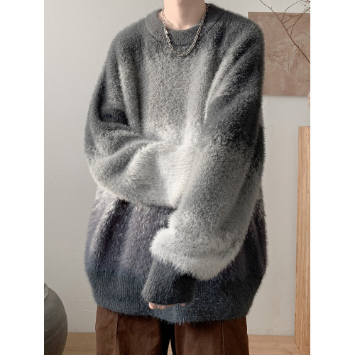 撞色圓領馬海毛軟糯毛衣男款秋冬季慵懶風寬松針織內搭男生打底衫