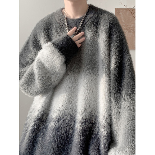 撞色圓領馬海毛軟糯毛衣男款秋冬季慵懶風寬松針織內搭男生打底衫