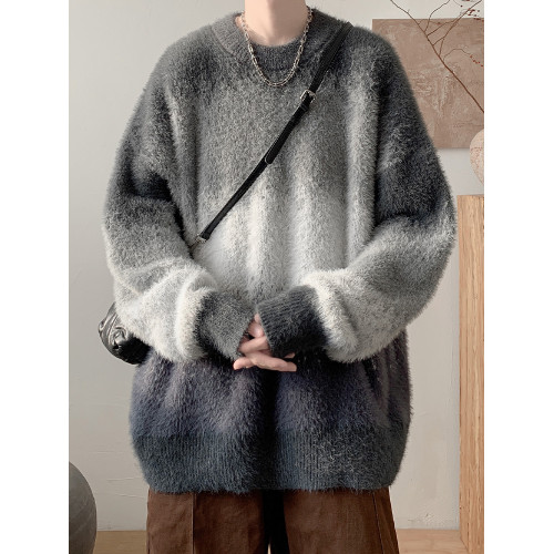 撞色圓領馬海毛軟糯毛衣男款秋冬季慵懶風寬松針織內搭男生打底衫