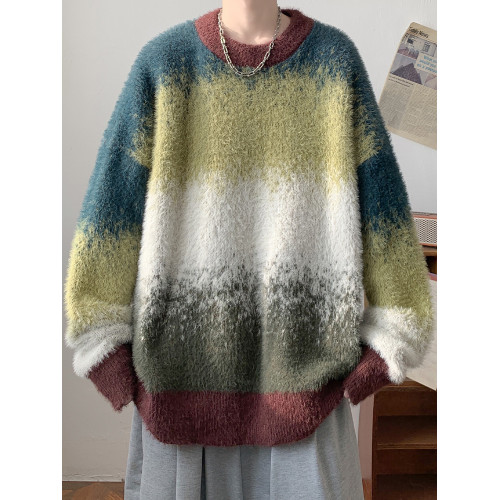 撞色圓領馬海毛軟糯毛衣男款秋冬季慵懶風寬松針織內搭男生打底衫