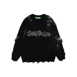 美式潮牌刀割破洞圓領毛衣男款冬季潮流寬松休閒百搭情侶針織上衣