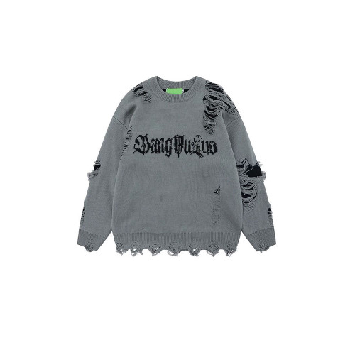 美式潮牌刀割破洞圓領毛衣男款冬季潮流寬松休閒百搭情侶針織上衣