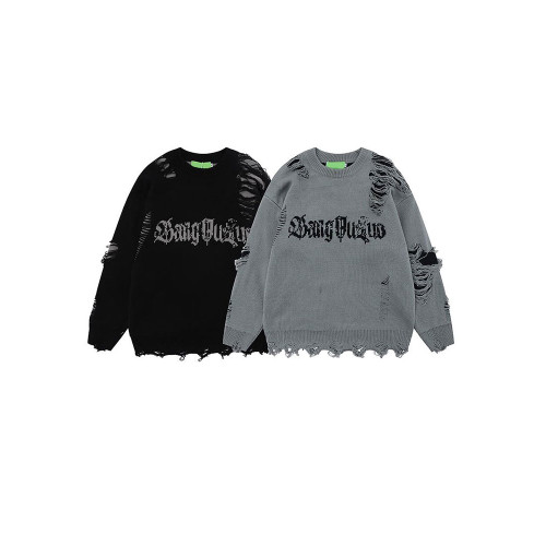 美式潮牌刀割破洞圓領毛衣男款冬季潮流寬松休閒百搭情侶針織上衣