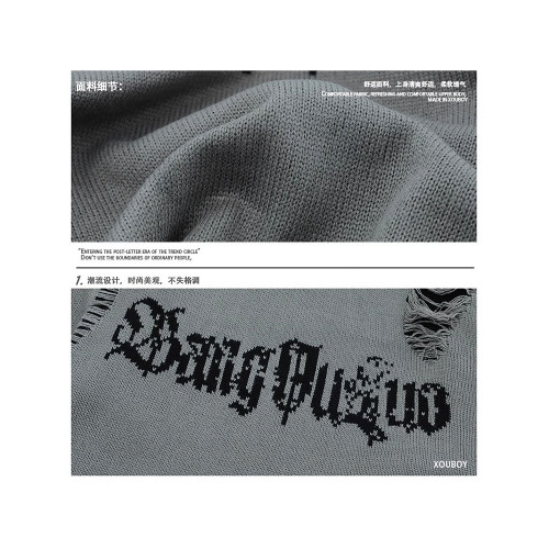 美式潮牌刀割破洞圓領毛衣男款冬季潮流寬松休閒百搭情侶針織上衣