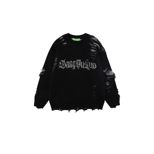 美式潮牌刀割破洞圓領毛衣男款冬季潮流寬松休閒百搭情侶針織上衣