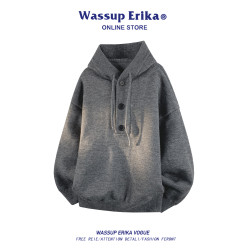 WASSUP ERIKA韓系慵懶灰色連帽毛衣男秋冬重磅針織衫情侶打底上衣
