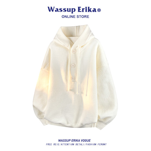 WASSUP ERIKA韓系慵懶灰色連帽毛衣男秋冬重磅針織衫情侶打底上衣