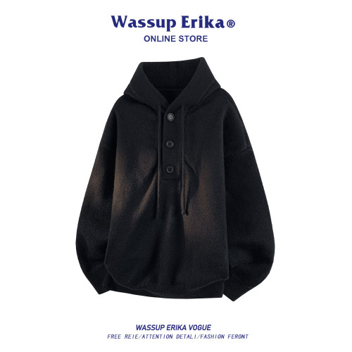 WASSUP ERIKA韓系慵懶灰色連帽毛衣男秋冬重磅針織衫情侶打底上衣