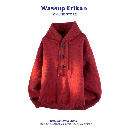 WASSUP ERIKA韓系慵懶灰色連帽毛衣男秋冬重磅針織衫情侶打底上衣