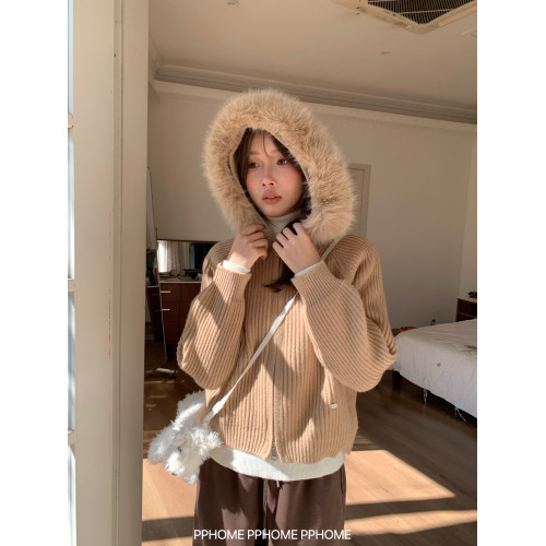 PPHOME自製~冬日戀人 大毛領坑條針織拉鍊開衫女顯瘦慵嬾百搭外套