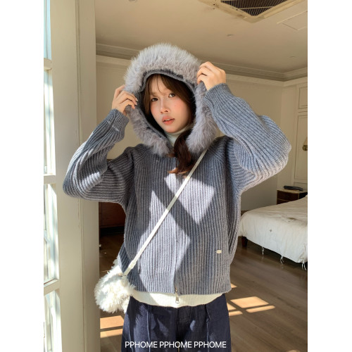 PPHOME自製~冬日戀人 大毛領坑條針織拉鍊開衫女顯瘦慵嬾百搭外套