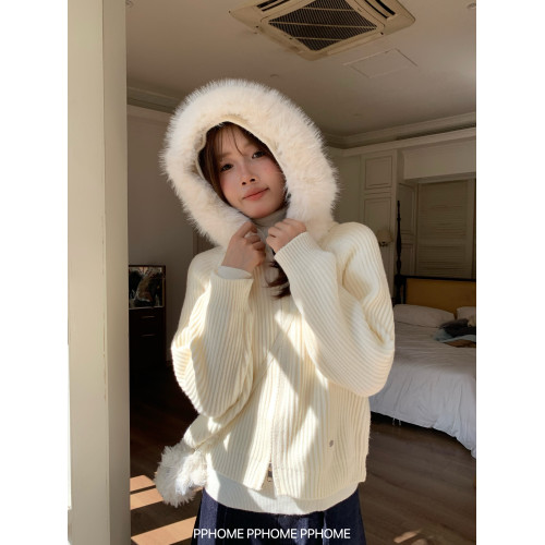 PPHOME自製~冬日戀人 大毛領坑條針織拉鍊開衫女顯瘦慵嬾百搭外套