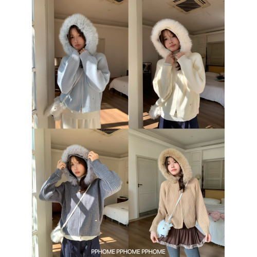 PPHOME自製~冬日戀人 大毛領坑條針織拉鍊開衫女顯瘦慵嬾百搭外套